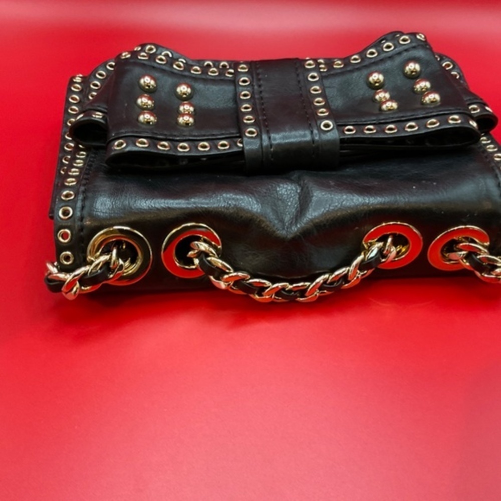 REBECCA MINKOFF Sweetie Studded Bow Black/ Gold Leather Shoulder Bag - Picture 6 of 12